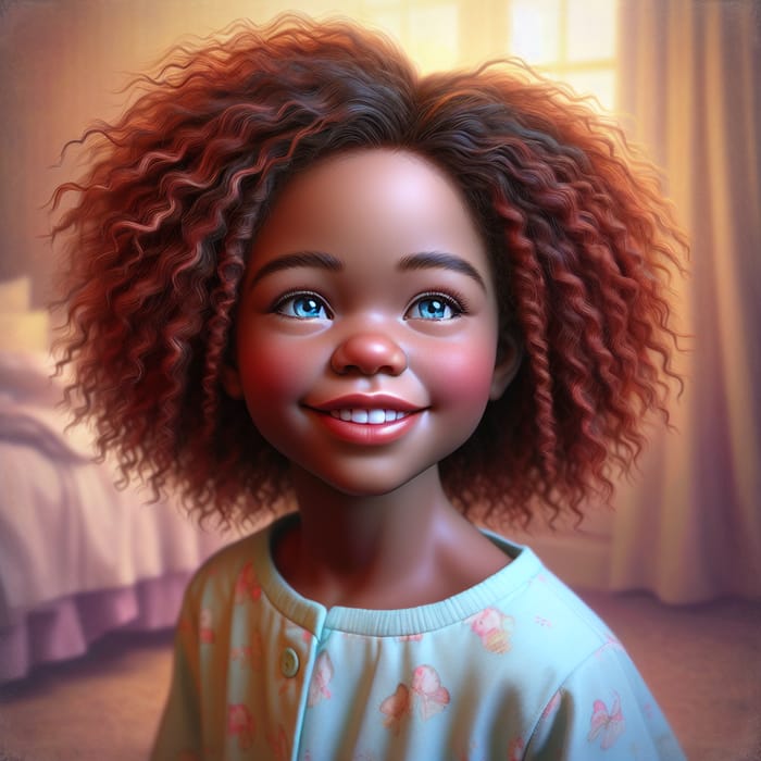 Cheerful Preschool Girl with Red Curly Hair in Nostalgic Storybook Setting