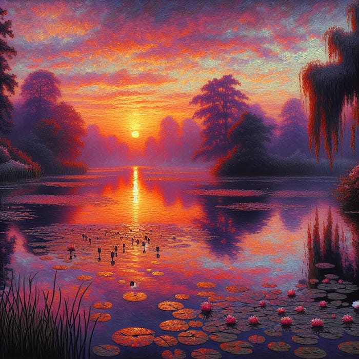 Tranquil Lake Sunset | Impressionist Style Art