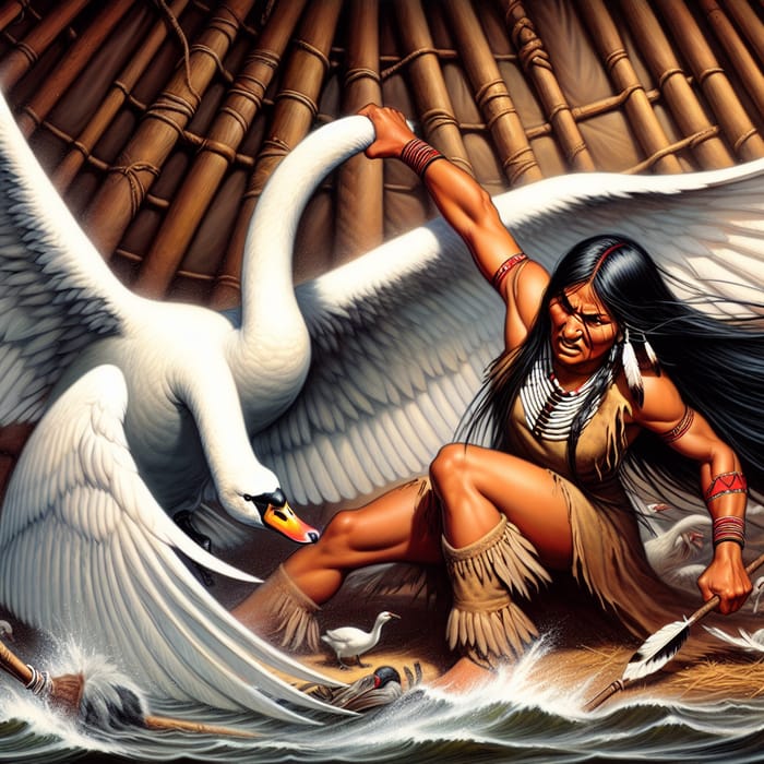 Native American Woman Defiantly Battles Giant Swan in Intense Scene