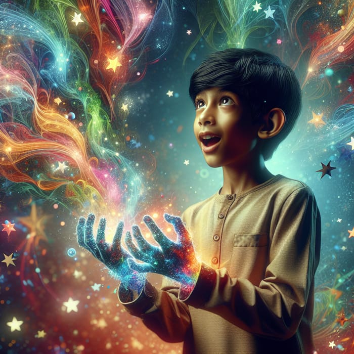 Enchanting South Asian Boy with Magical Rainbow Hands