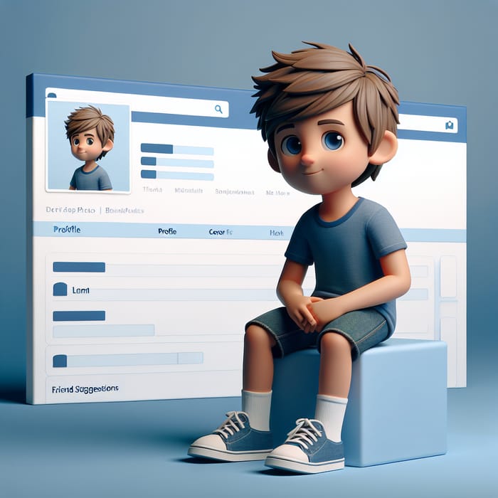 Cute 3D Boy Sitting on Box with Facebook Profile in Background