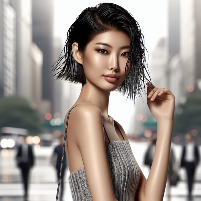 Sleek Asian Woman in Skirt with Wet-Look Hair | Urban Style