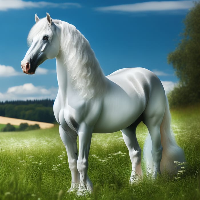 Majestic White Horse in Green Pasture