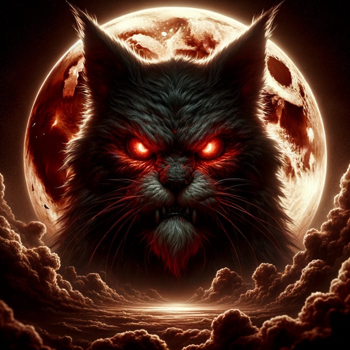 Malevolent Feline and Blood Moon: Sinister Scene in Dark Red Tones