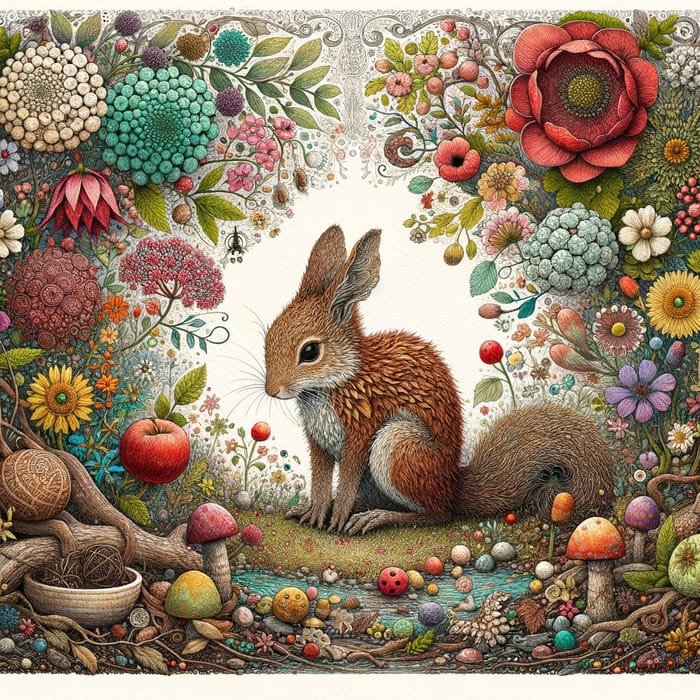 Whimsical Woodland Creature Among Vibrant Flowers - Nature-Inspired Illustration