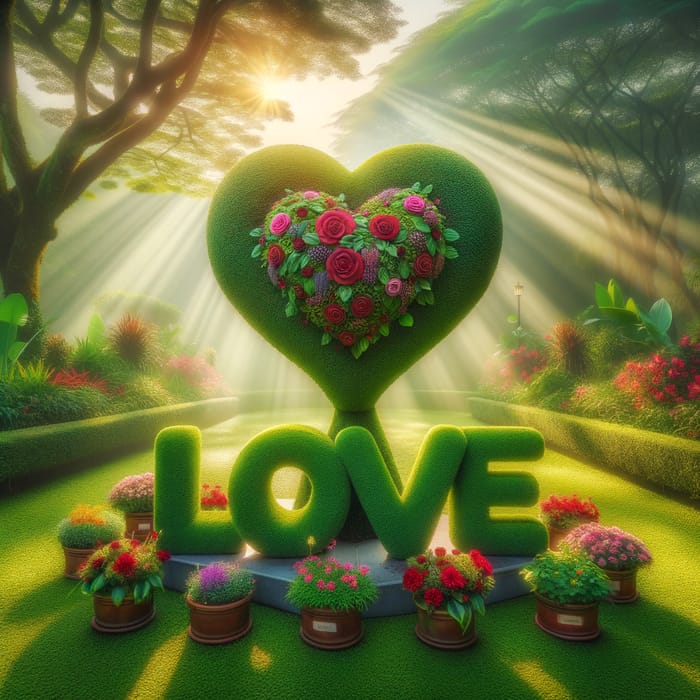 Lush Heart-Shaped Topiary & LOVE Planters in Tranquil Garden