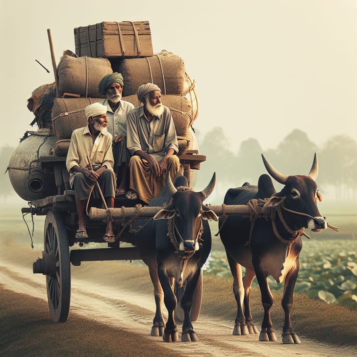 Three Indian Men Riding Bull Cart Through Rural Setting