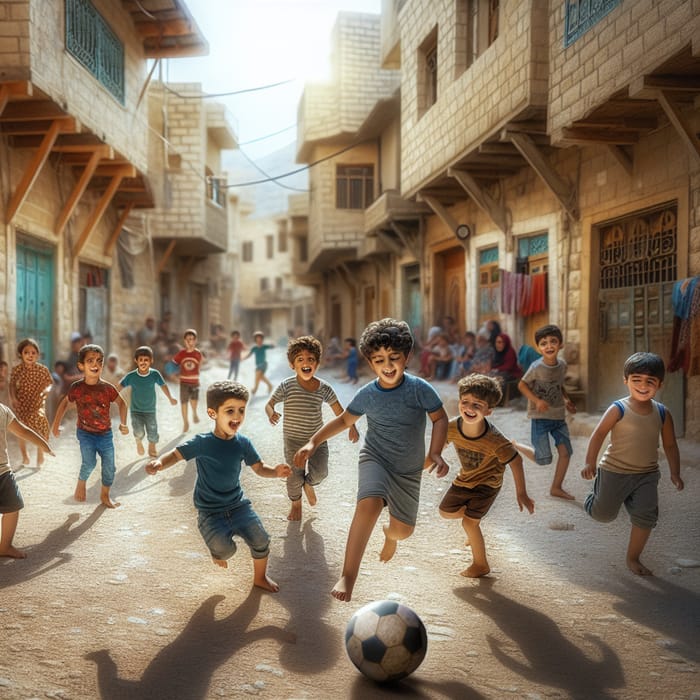Palestinian Children Playing Soccer in Vibrant Street Scene