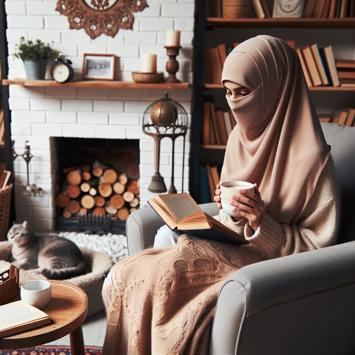 Muslim Woman in Beige Headscarf Relaxing with Book and Coffee