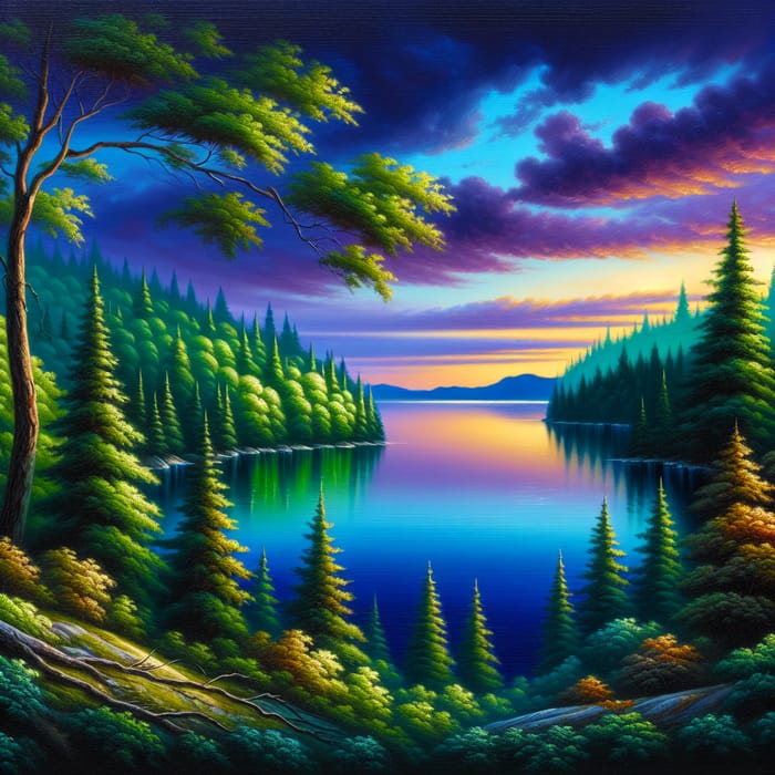 Oil-Painted Serene Forest by Calm Lake at Twilight