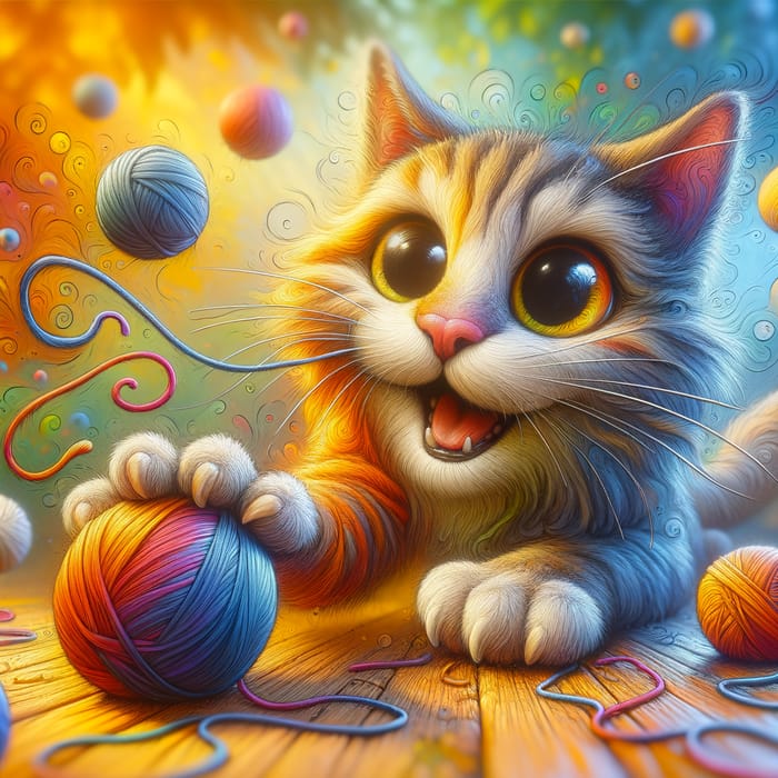 Mischievous Cat Playing with Yarn - Exaggerated and Whimsical Digital Art