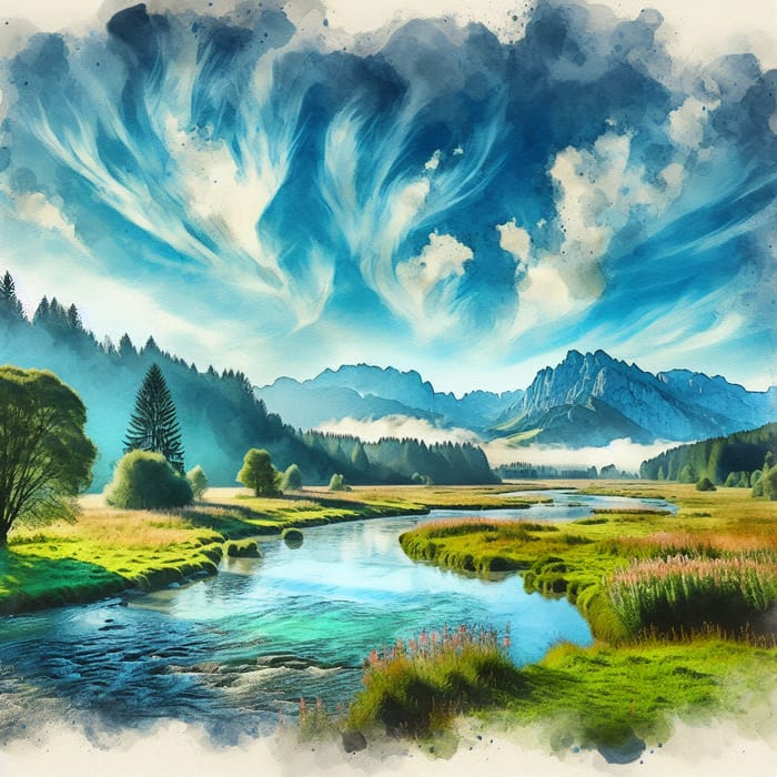Tranquil Watercolor Landscape Creation: Scenic Meadow View