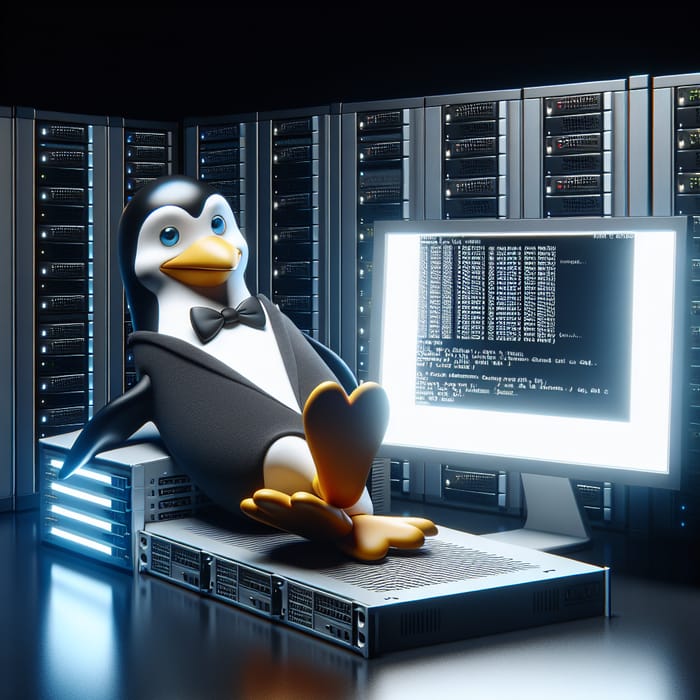 Tux Penguin on Server Stack Managing Network | Tech-Savvy Server Penguin