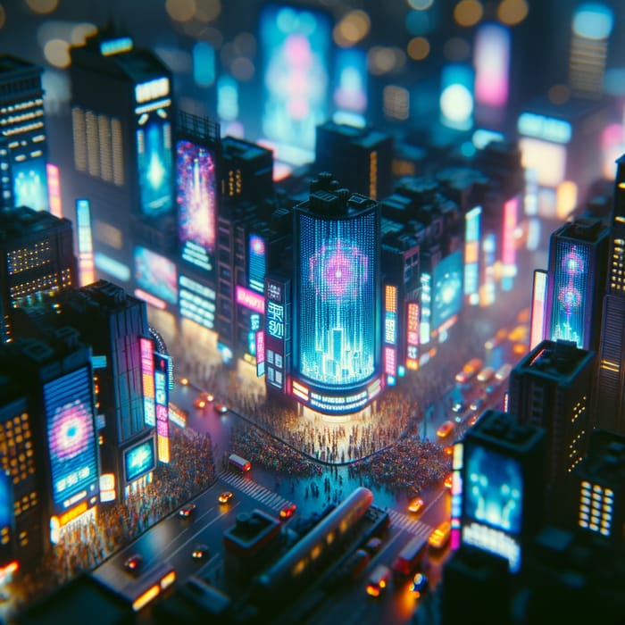 Neon Cyberpunk Cityscape with Holographic Billboards - Miniature Effect