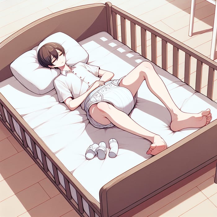 Giant Baby Daycare: Anime Illustration of Teen Sleeping in Oversized Baby Bed