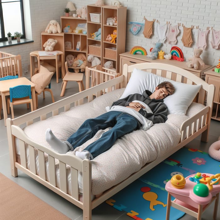 17-Year-Old Teenage Boy Sleeping in Oversized Baby Bed