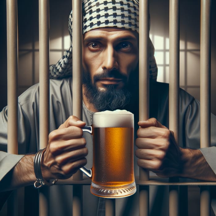 Prisoner Behind Bars with Beer Mug