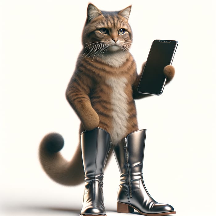Cat in Boots Holding Smartphone - Adorable Tech-Savvy Feline