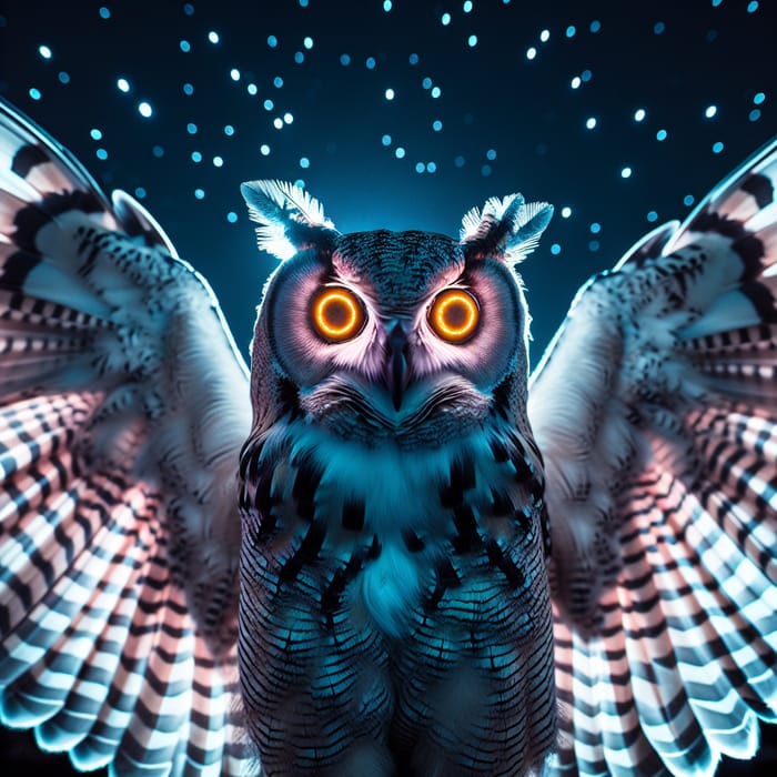 Majestic Owl with Glowing Infrared LED Eyes in Night Sky