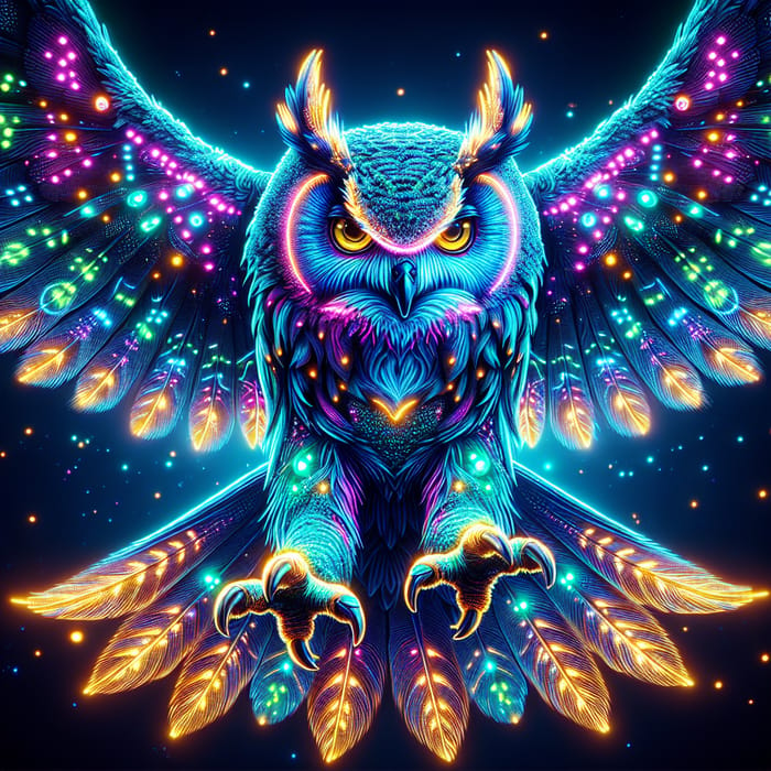 Majestic Neon Owl in Cyberpunk Flight Art