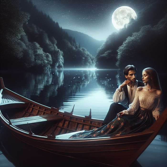 Intoxicated Romance: Vintage Boat Scene at Moonlit Lake