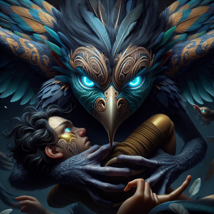 Kurangaituku: Mythical Maori Bird Woman with Blue Eyes and Feathers Soaring