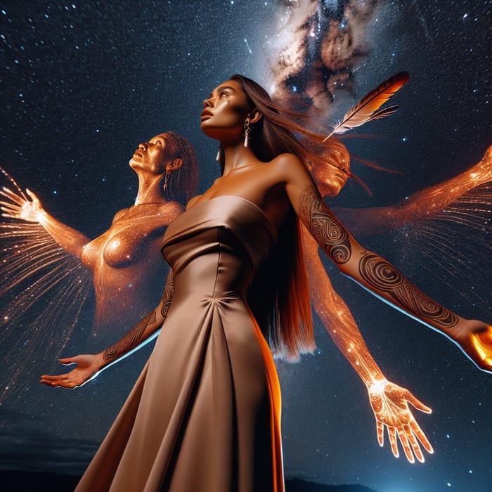 Maori Woman Embracing Ancestral Spirits Under Starry Sky