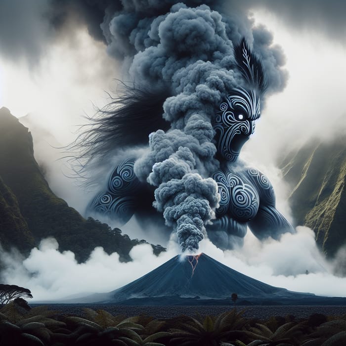 Hyper-Realistic Maori Guardian Volcano Silhouette Art