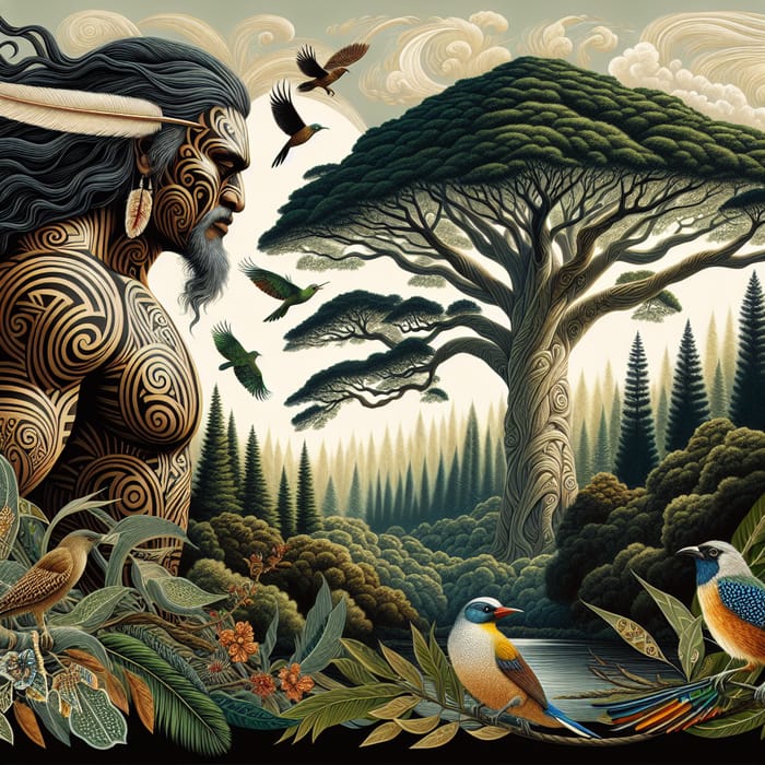 Tane Mahuta: Maori God of Forests and Birds in a Vibrant Scene