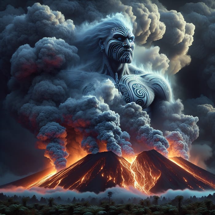 Hyper-Realistic Maori Guardian Silhouette in Volcano Steam