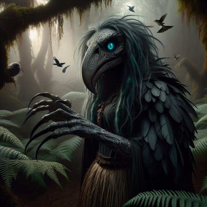 Envision an Imposing Bird Witch Crone in New Zealand Fern Forest