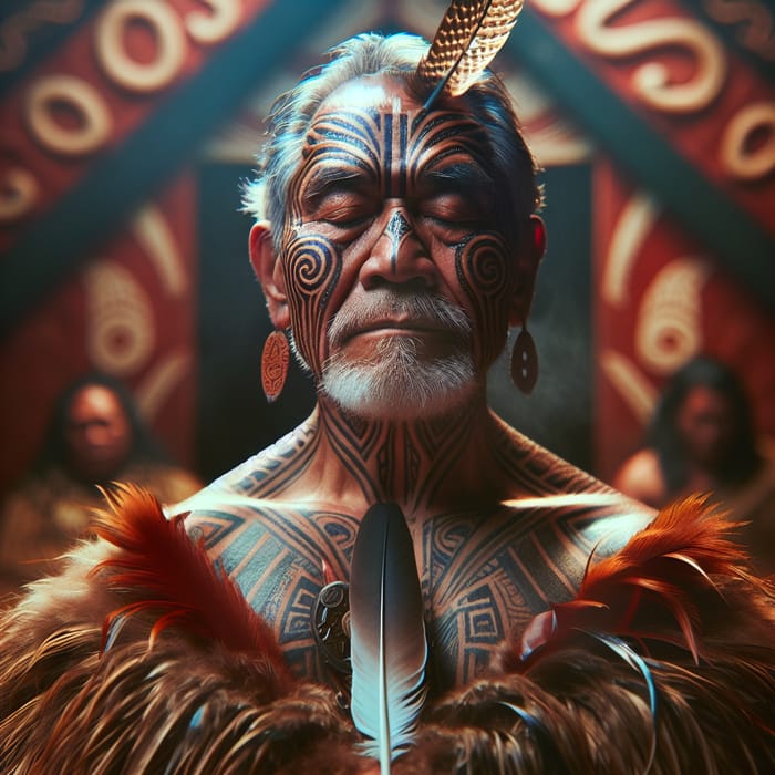 Maori Spiritual Ceremony: Vibrant Wairua Energy with Elder in Feather Cloak