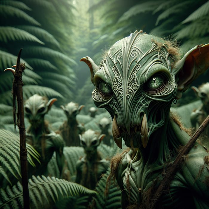 Intricate Maori Mythology Goblin Creatures in Enchanting New Zealand Fern Forest