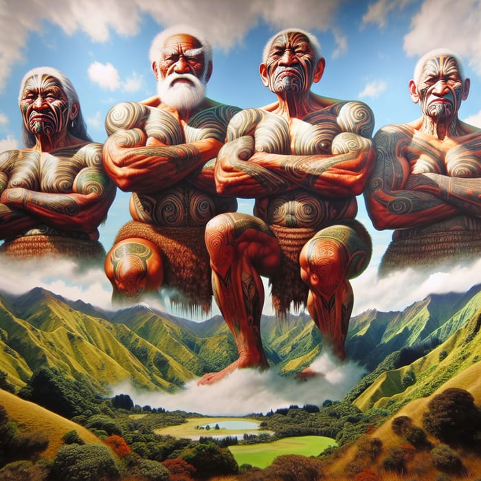 Elderly Muscular NZ Maori Deities on Cloud | Maori Art & Heritage