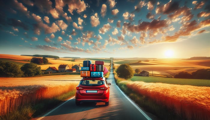 Spectacular Countryside Road Trip with Red Car and Luggage