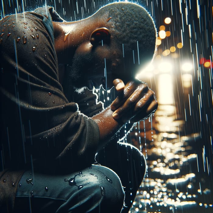 Weary Black Man Kneeling in Rain | Emotional Despair