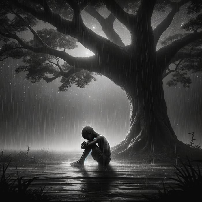 Emotional Image of a Young Black Boy Kneeling in Rain