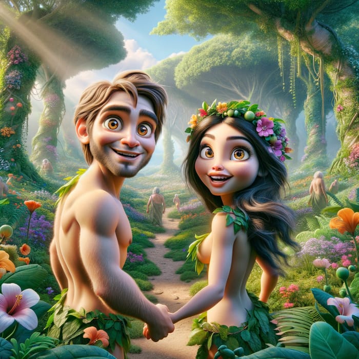 Whimsical Adam and Eve in Enchanted Garden of Eden - Fantasy Imagery
