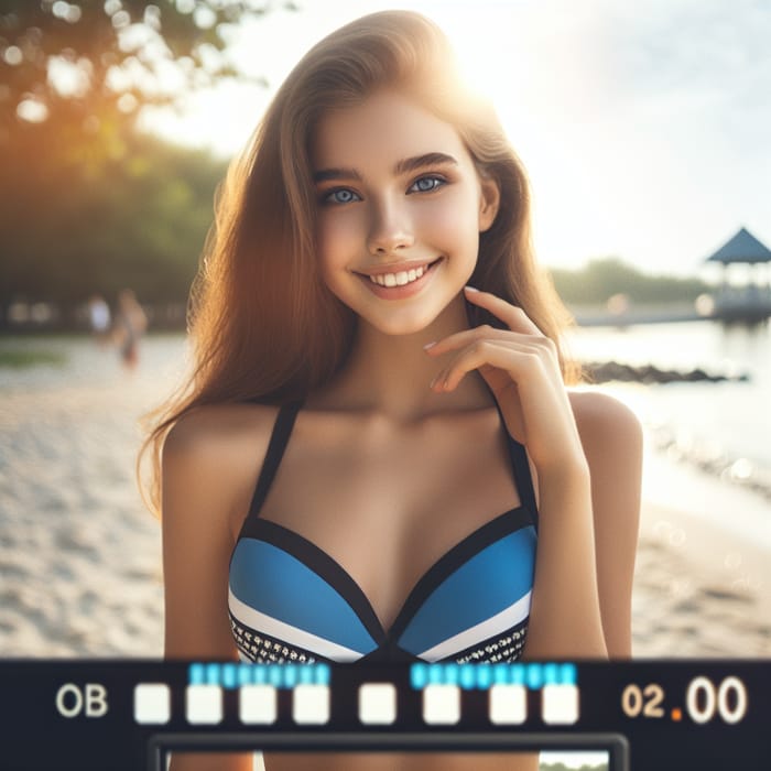 Charming Italian Girl in Blue and Black Bikini at Sunset Beach