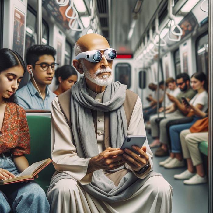 Gandhi Wearing Apple Vision Pro Glasses on Subway