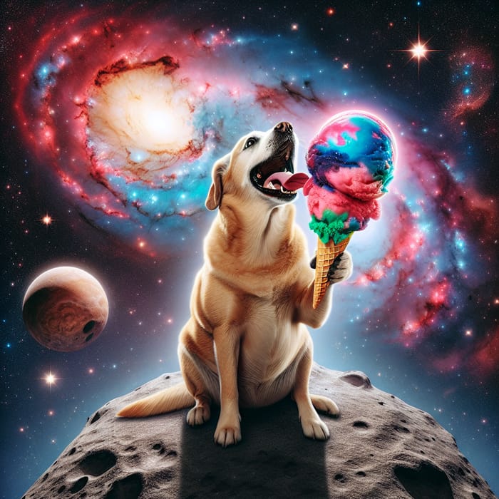 Galactic Dog Eating Ice Cream in Space