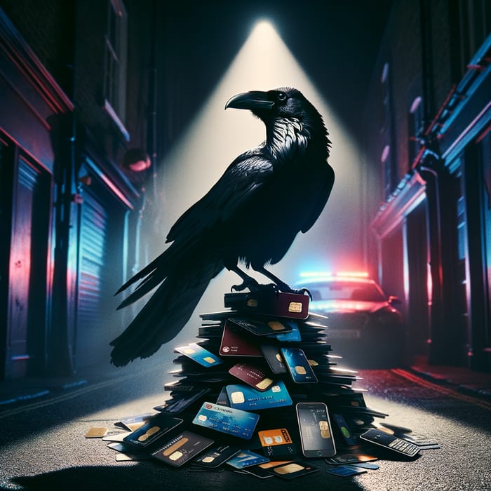 Intriguing Raven atop Bank Cards in Dark Alley | Cryptic Noir Scene