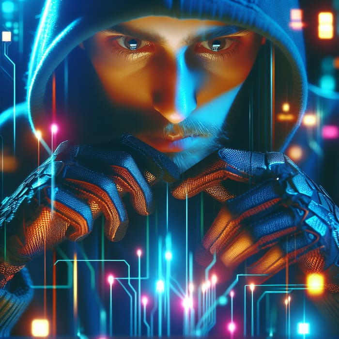 Skilled Hacker with Mysterious Aura in Cyberpunk Aesthetic