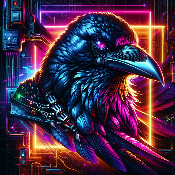 Cyberpunk Skilled Raven in Neon Lighting: Futuristic Technology Art