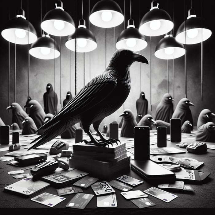 Sleek Black Raven on Bank Cards and Phones - Fraud Theme Scene