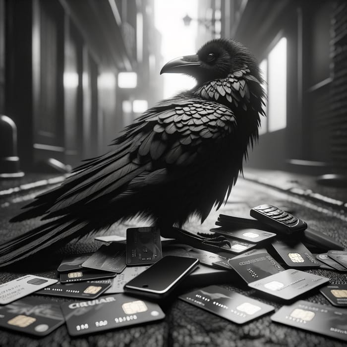Enigmatic Raven on Tech Stack in Dark Alley with Police Lights