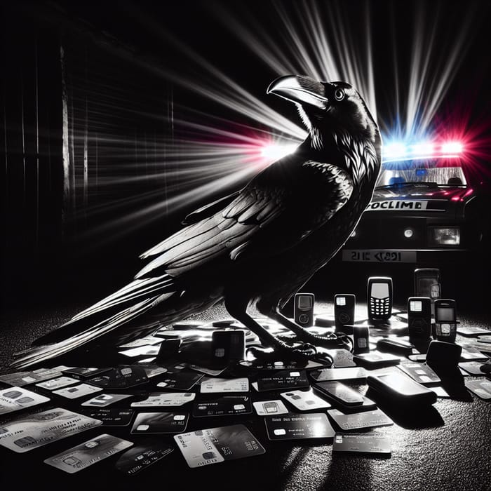 Intriguing Raven on Bank Cards in Film Noir Setting
