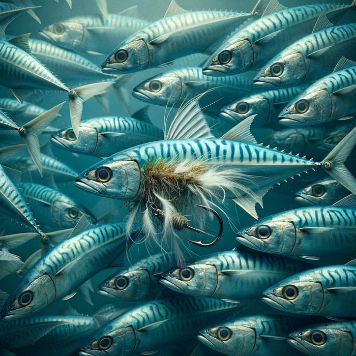 Underwater Scene: Silver-Blue Horse Mackerel Fascinated by Fly Fishing Lure