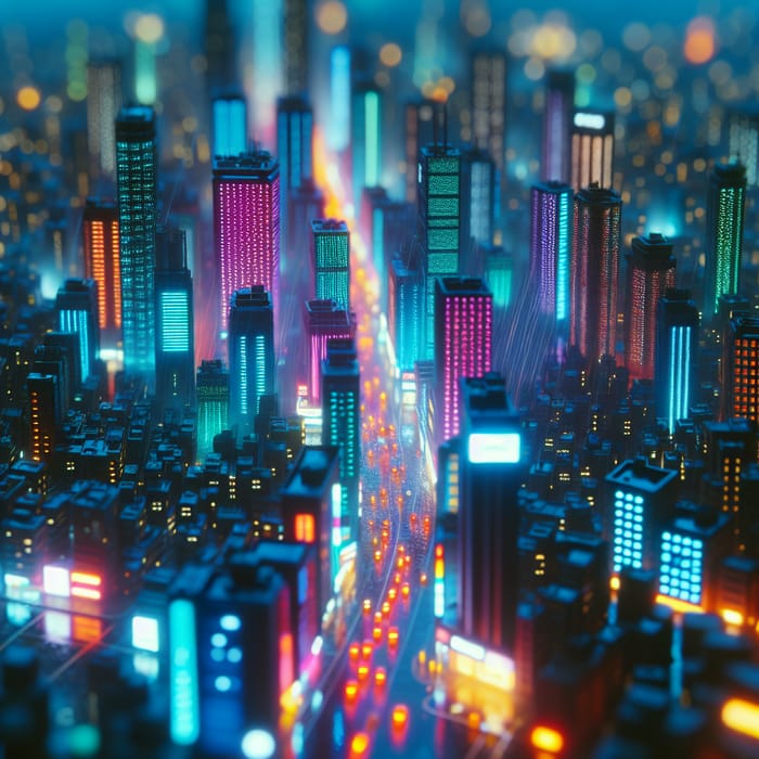 Nighttime Cyberpunk Cityscape with Neon Lights | Miniature Dystopia View