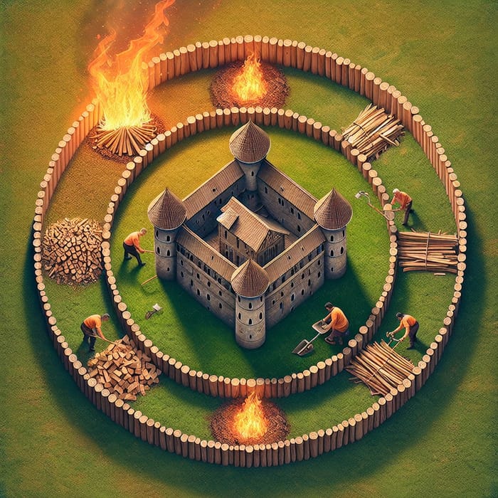 Medieval Castle Surrounded by Distinctive Rings of Wood and Fire